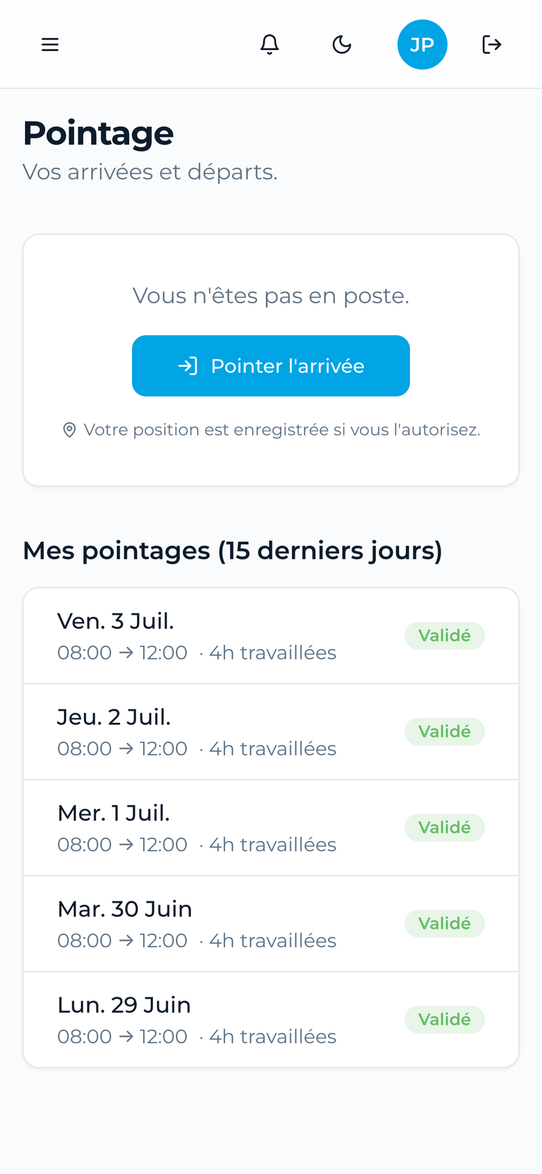 Le pointage de Paul sur téléphone, avec le bouton Pointer l'arrivée